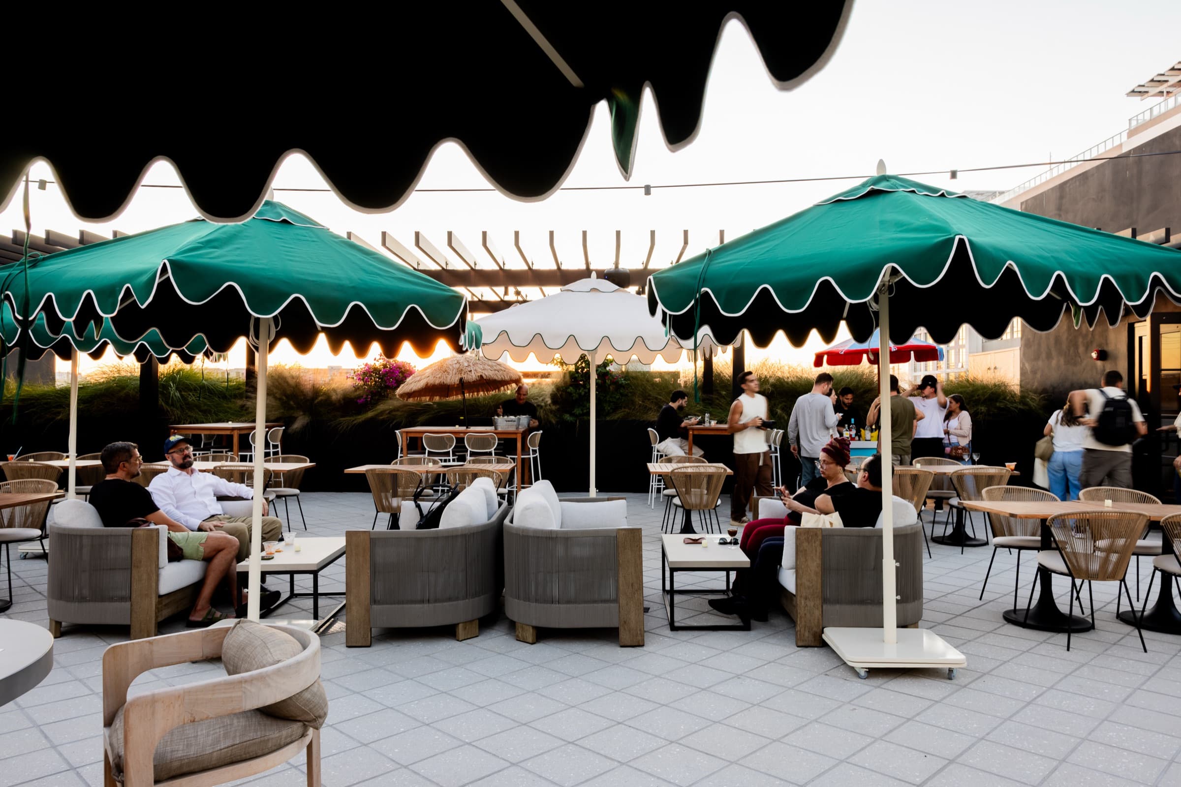 Guests gathering beneath green scalloped umbrellas on Cotidiano's rooftop at golden hour