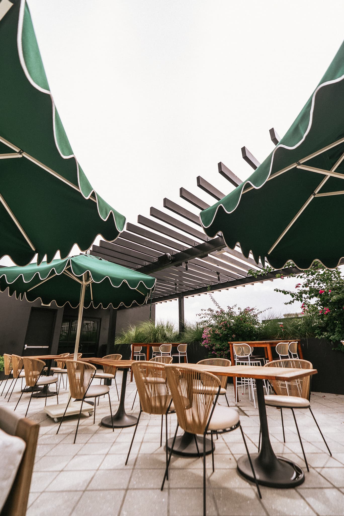 Cotidiano rooftop tables beneath signature green umbrellas